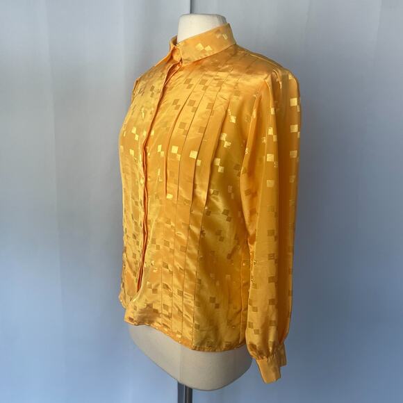 Vintage Blouse Size 8 Yellow Gold Jacquard Long Sleeve Button Office Secretary - Picture 6 of 15